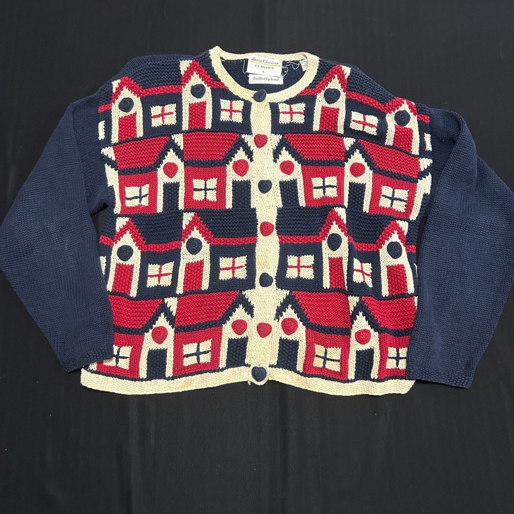 Marisa Christina Classics Hand Knitted House Heart Cardigan Sweater Blue Red L